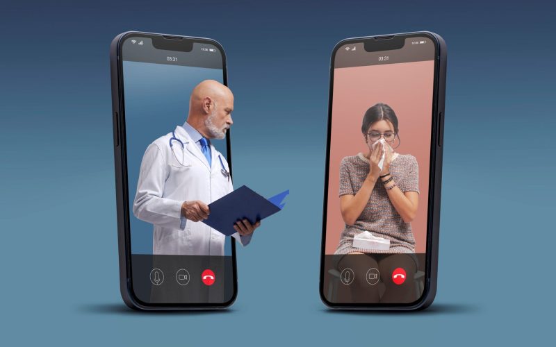 Two phones with Patient having flu in one screen and doctor holding her file in other screen