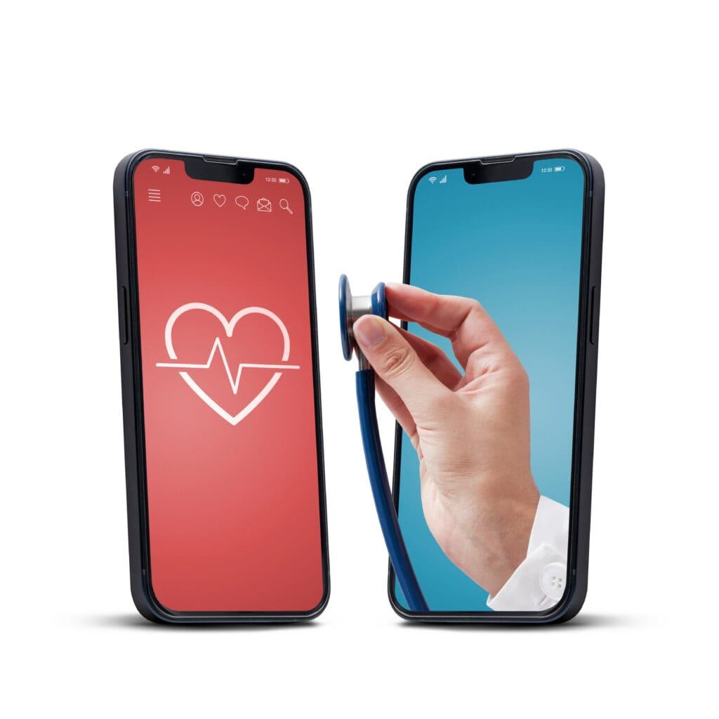 two phones facing each other one with heart sign in red background and a doctors hand holding stethoscope with blue background